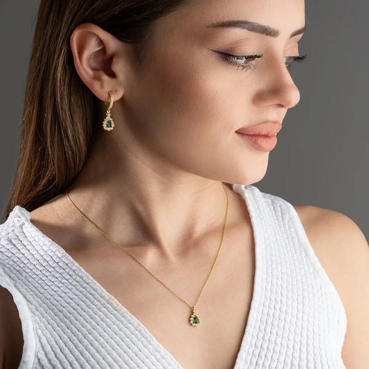 925 Sterling Silver Emerald Green Drop Drip Necklace Earrings Set