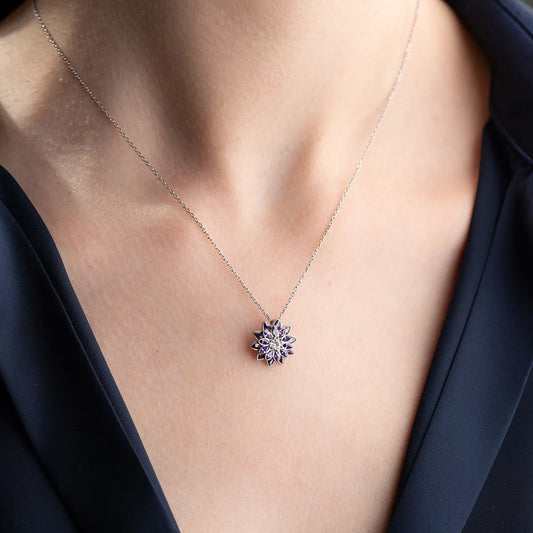 925 Ayar Gümüş Zirkon Mor Taşlı Lotus Kolye