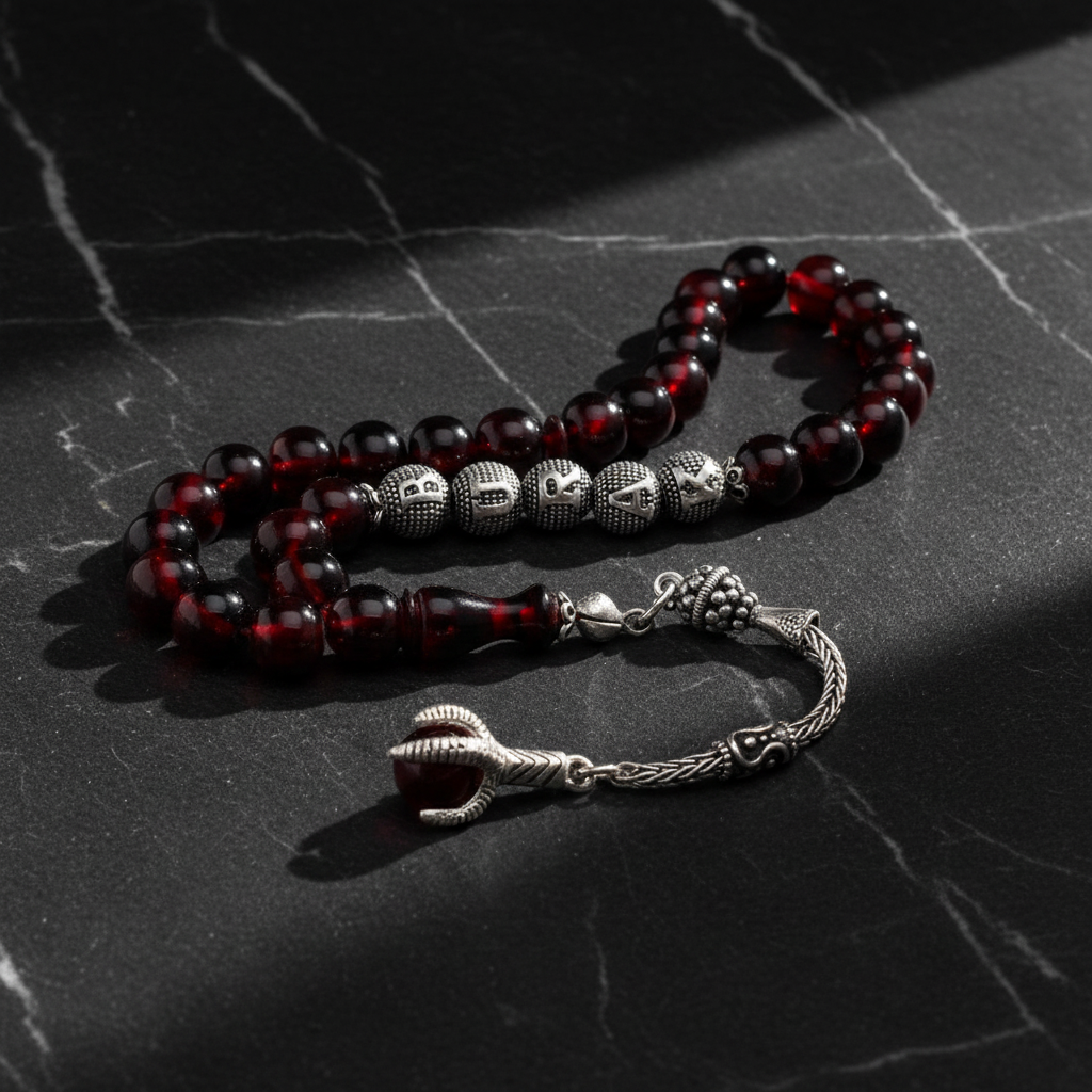 Red Filtered Fire Amber Named Silver Rosary and Wooden Box with Note Written