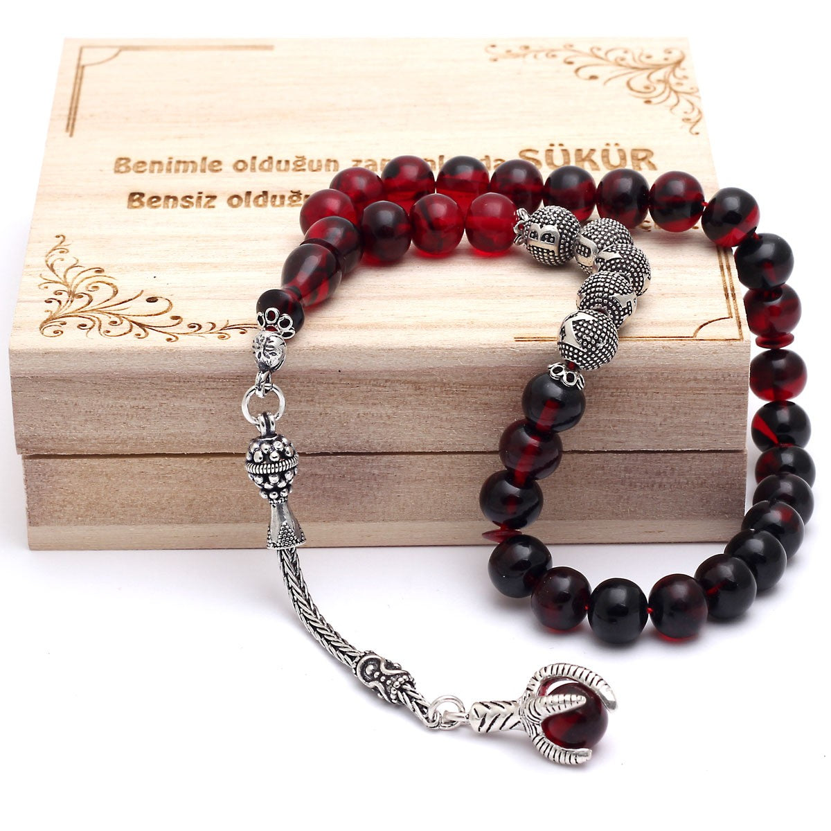 Personalisierte Rote Bernstein-Tasbih mit Gravur und Holzbox