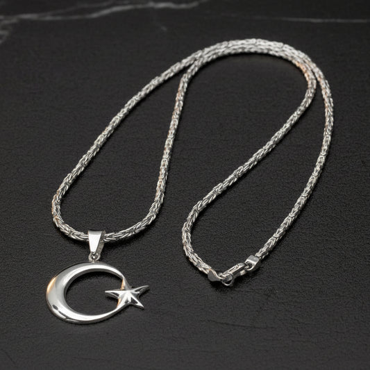 925 Sterling Silver Crescent Star Men's King Chain Necklace