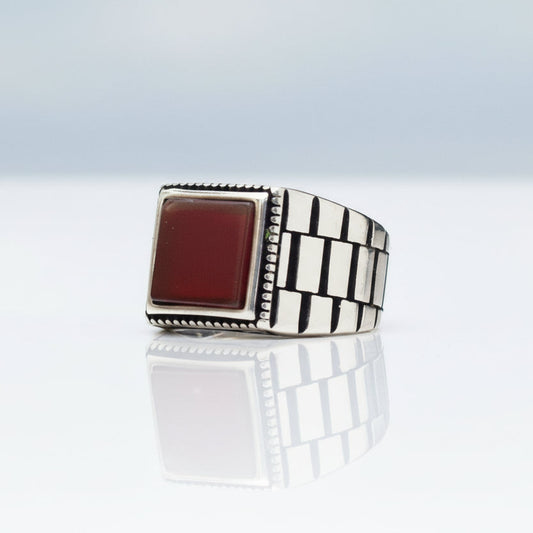Square Agate Stone Men's Silver Ring