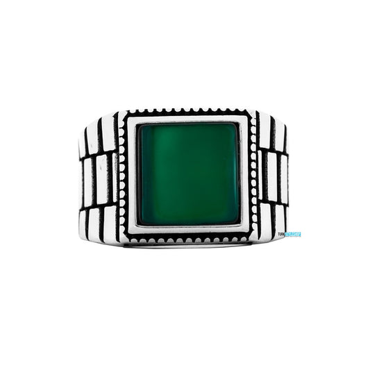 Kare Yeşil Akik Taşlı Erkek Gümüş Yüzük