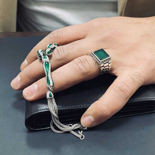 Green Enameled Zircon Stone 925 Sterling Silver Prayer Beads & Agate Ring Set
