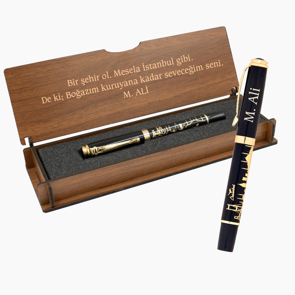 Istanbul silhouette VIP Roller Isimli Pen and Wood Gift Set