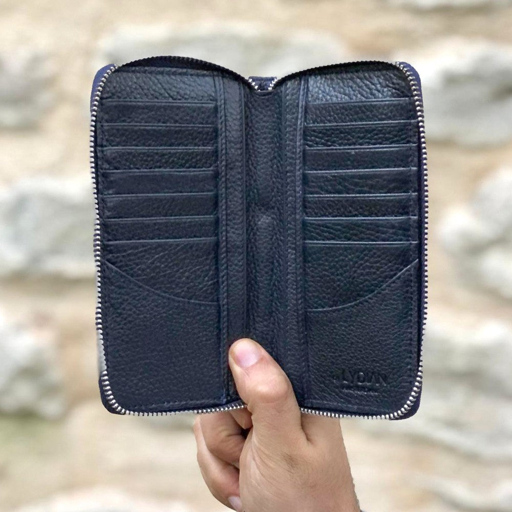 Navy blue leather zipper with phone entry wallet
