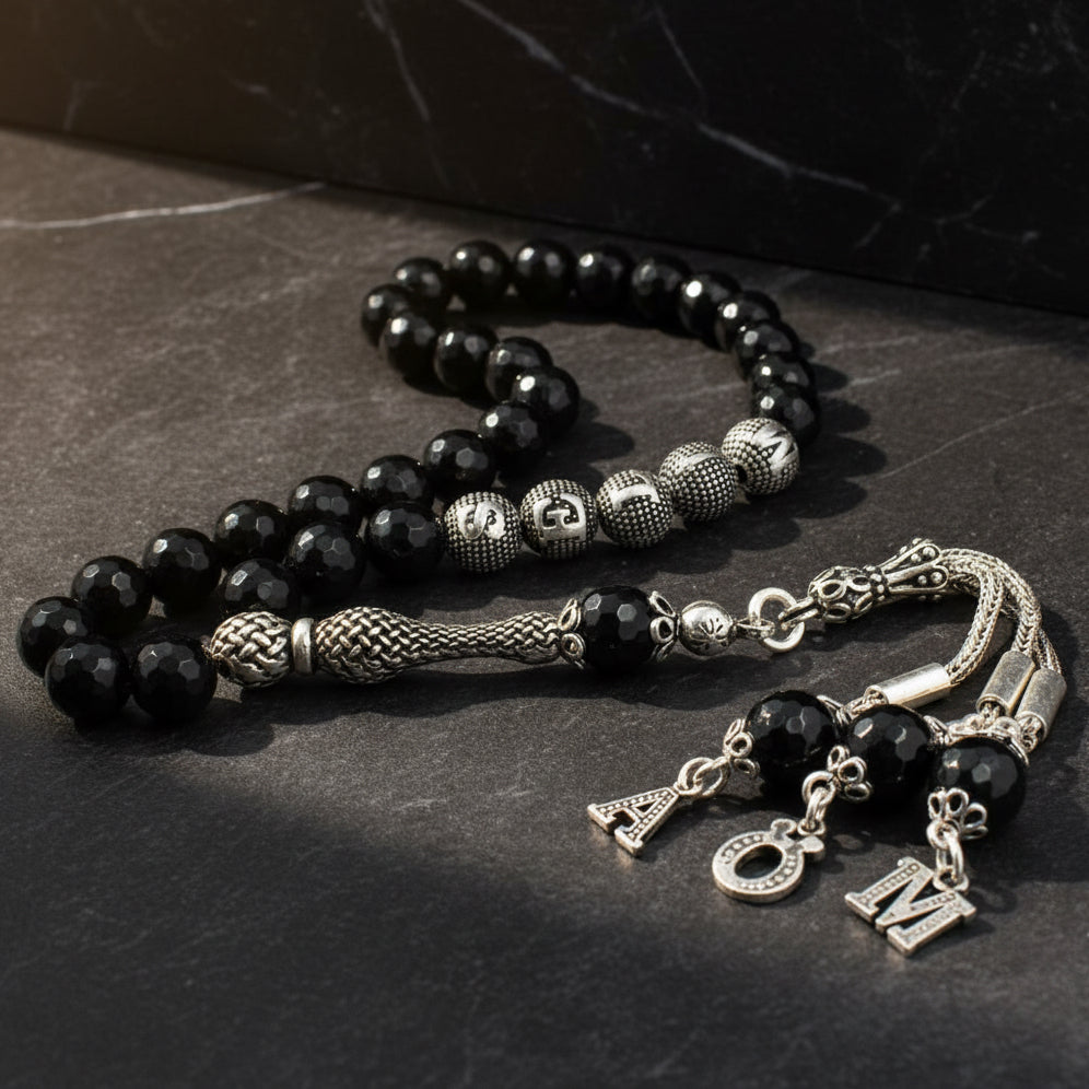 Onyx Gebetskette Tesbih mit Name aus 925 Silber