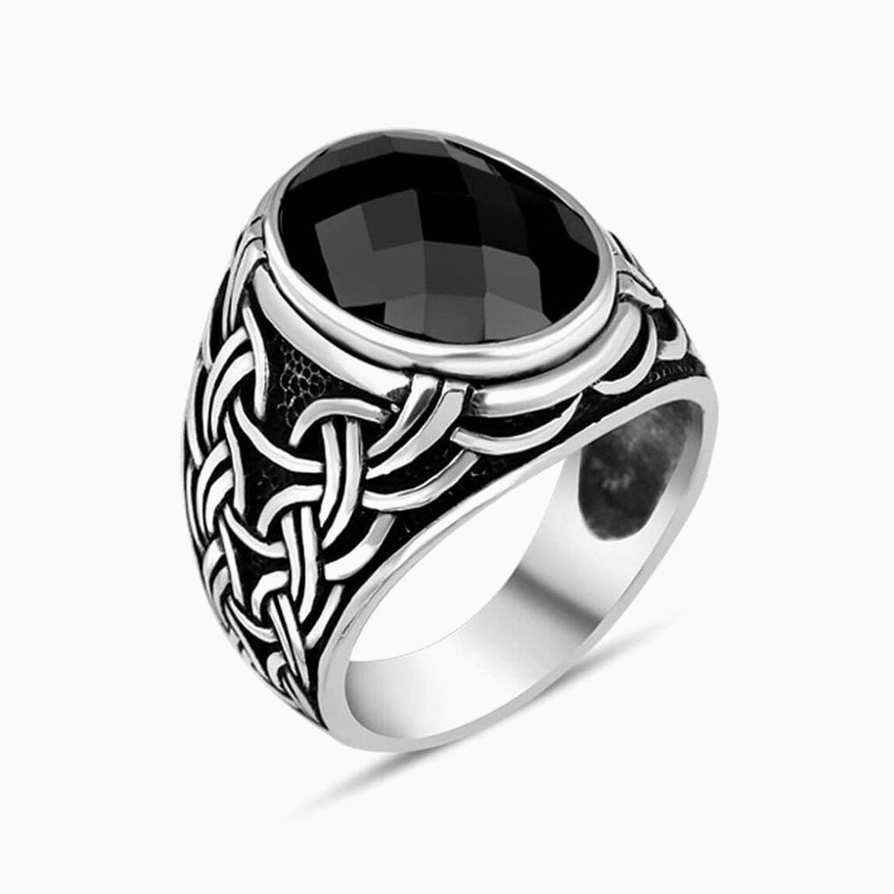 Facet slaughter black zircon stone silver male ring