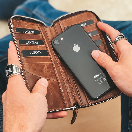 Brown Leather Zippered Wallet with Phone Entry