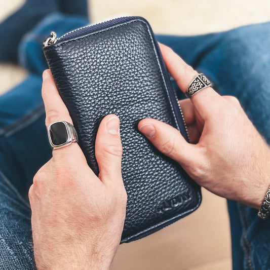 Navy blue leather zipper with phone entry wallet