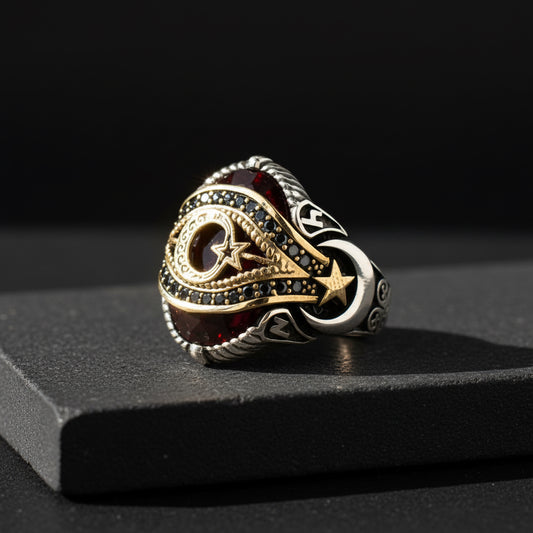 Moon Star Motif Silver Men's Ring