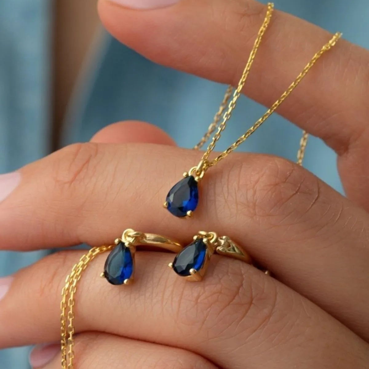 925 Ayar Gümüş Damla Taşlı Kolye-Küpe Seti