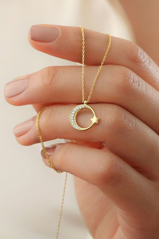 925 Sterling Silver Moon Star Necklace