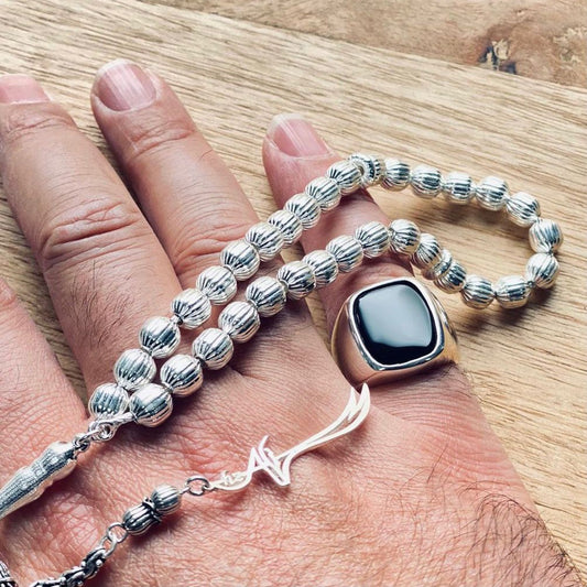 Hz Ali Zülfikar Sword Pen Processing Globe Cut Silver Tesbih