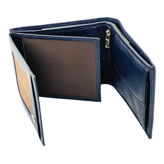 Navy blue men's leather wallet - personalized wooden box