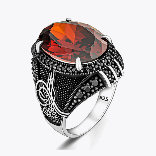 Red Zircon Stone Osmanlı Silver Ring