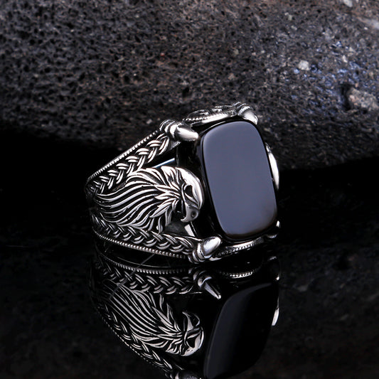 Onyx stony eagle design silver ring