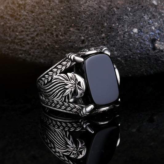 Onyx stony eagle design silver ring