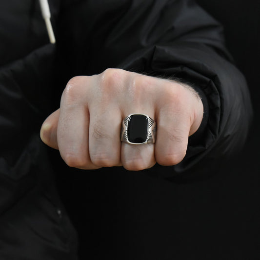 Black Onyx Stone Men's Silver Ring