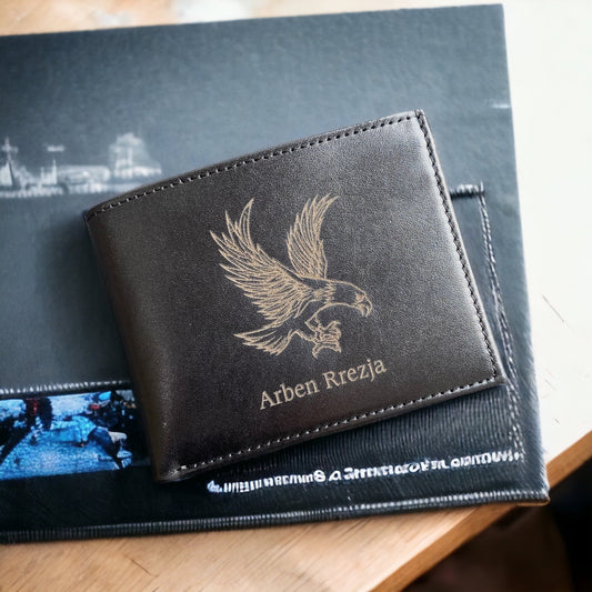 Black Eagle Leather Wallet with Name Written & Wooden Box