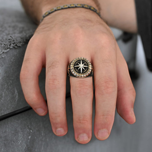 Compass Design Men's Silver Ring