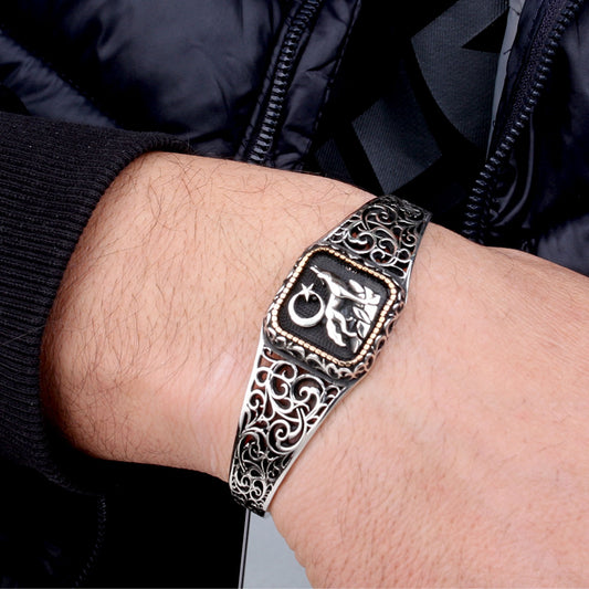 Bozkurt and Moon Star Motif 925 Sterling Silver Men's Bracelet