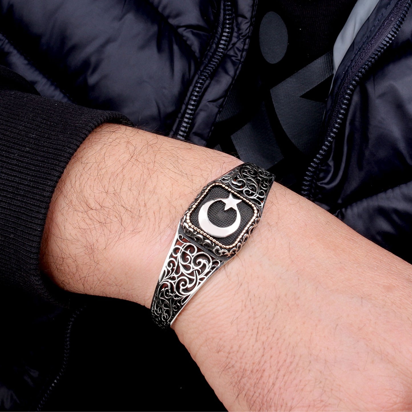 Moon star motif 925 sterling silver male bracelet