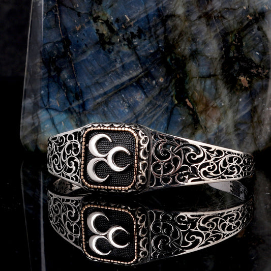 925 Sterling Silver Men's Bracelet with three crescent motifs