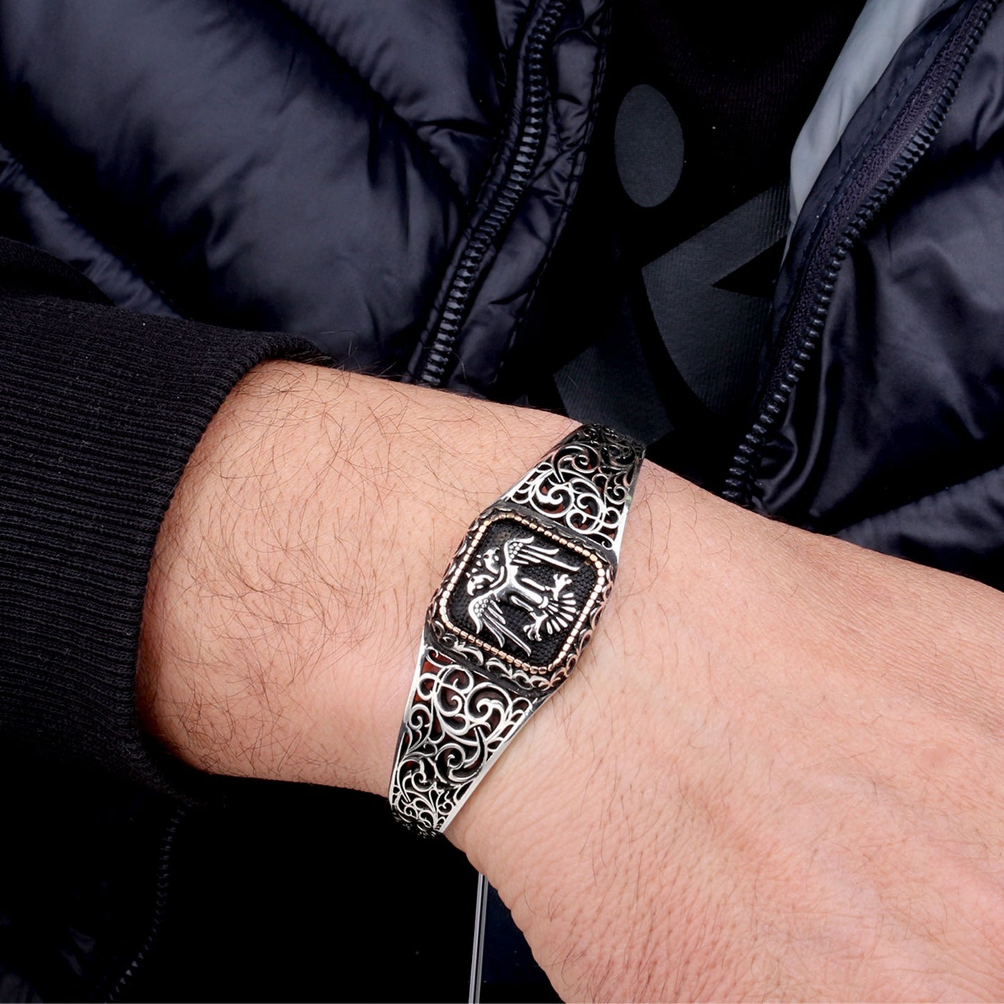 925 Sterling Silver Men's Bracelet with Seljuk Eagle Motif