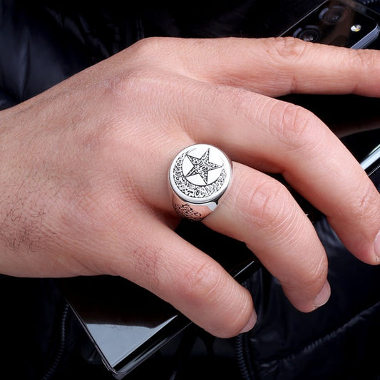 925 Sterling Silver Ayyıldız Modèle Word-i Tawhid écrit Male Ring