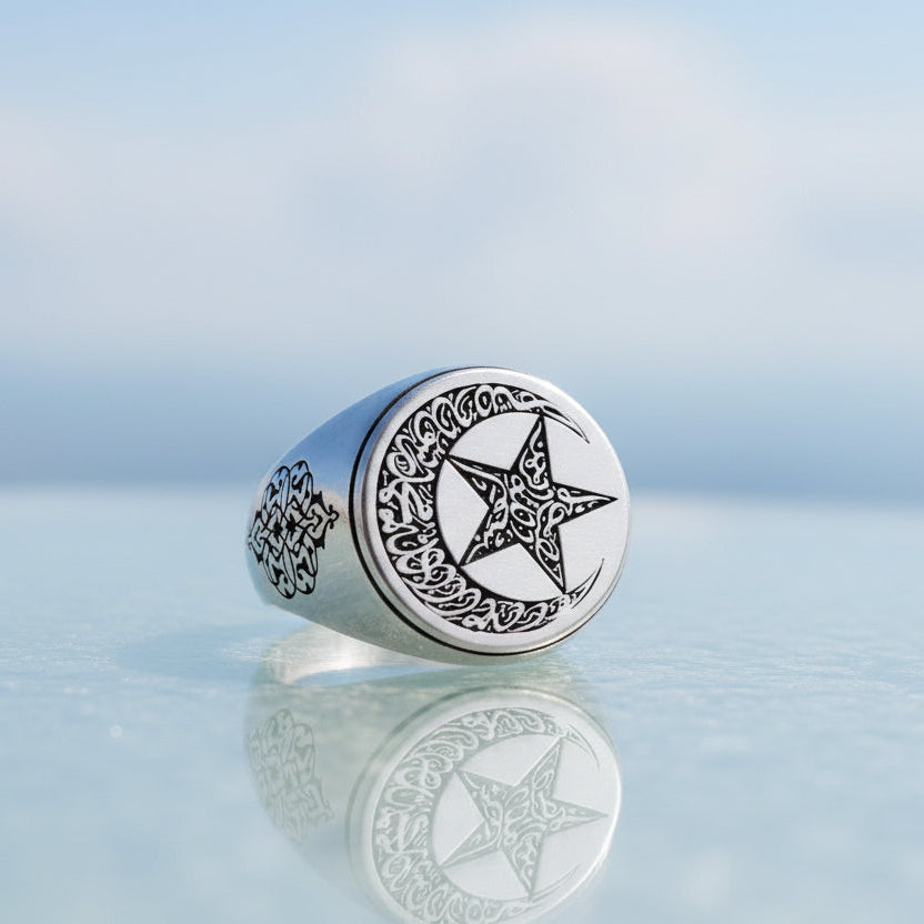 925 Sterling Silver Ayyıldız Modèle Word-i Tawhid écrit Male Ring