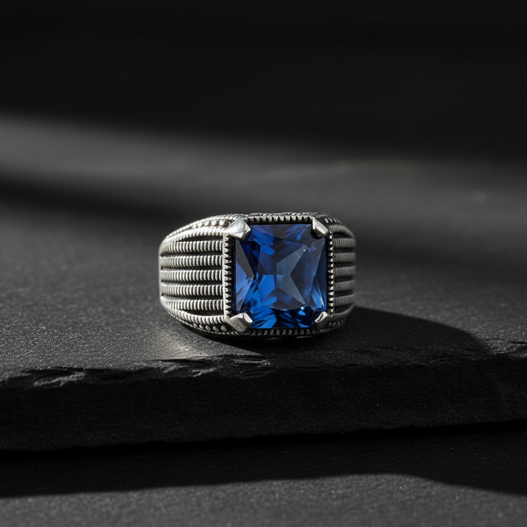 Blue Zircon Stone Men's Silver Ring