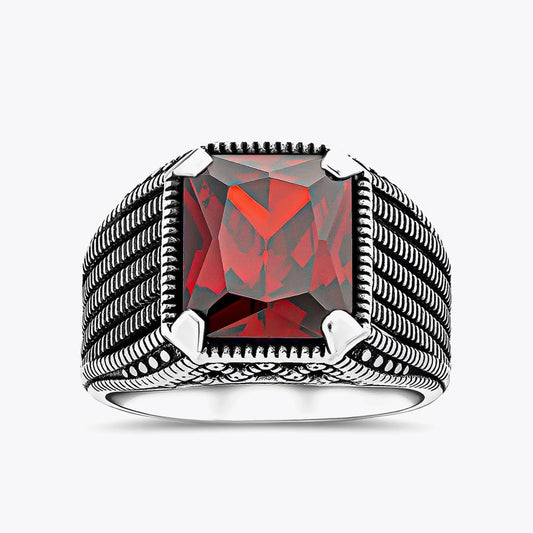 Kırmızı Zirkon Taşlı Erkek Gümüş Yüzük