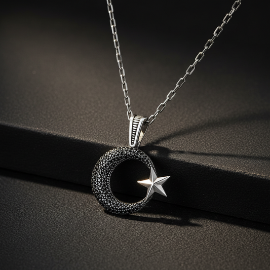 Zircon Stone Moon Star Silver Men's Necklace