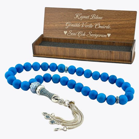 925 SET SILVER BLUE VARRISİT TANBİH AND NOTE WRITING AHSAP BOX