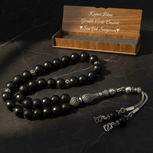 925 Ayar Gümüş Harfli Oniks Doğaltaş Tesbih