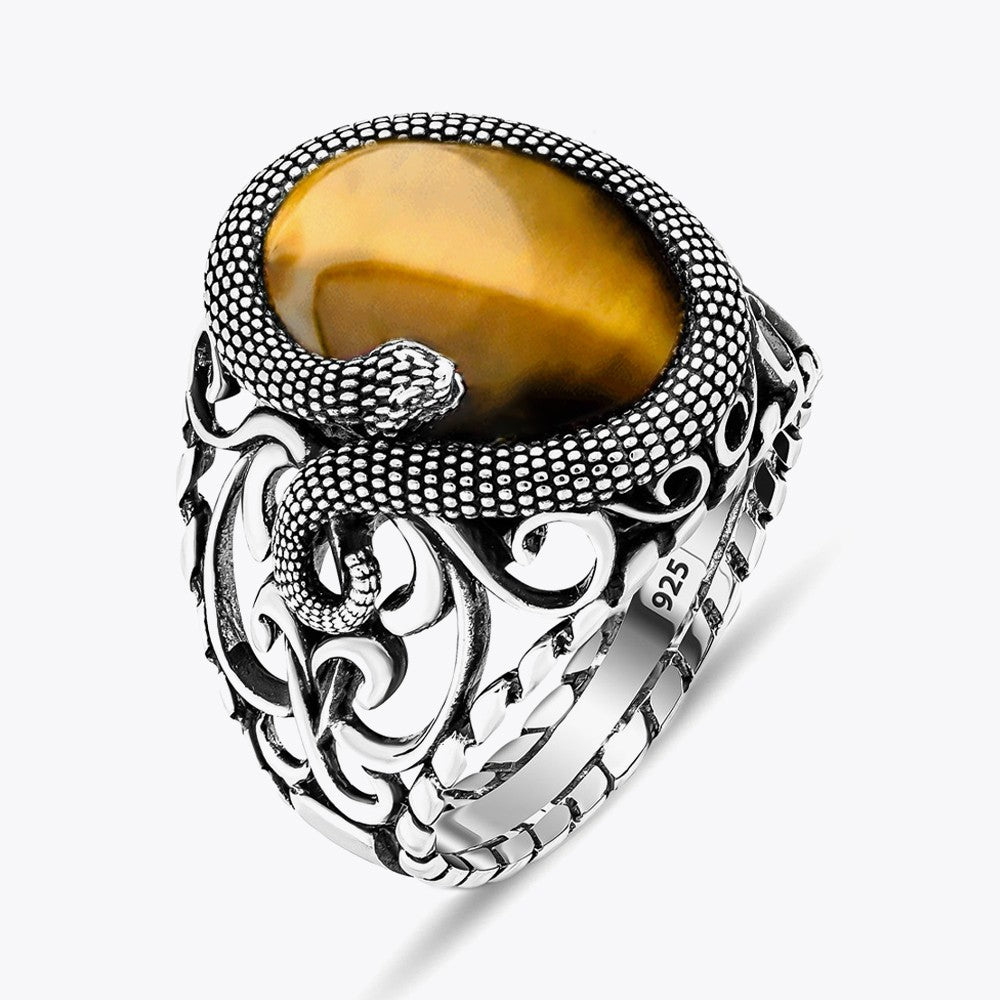 Snake Design With Tiger Eye Stone Silver Ring – Turkstyleshop