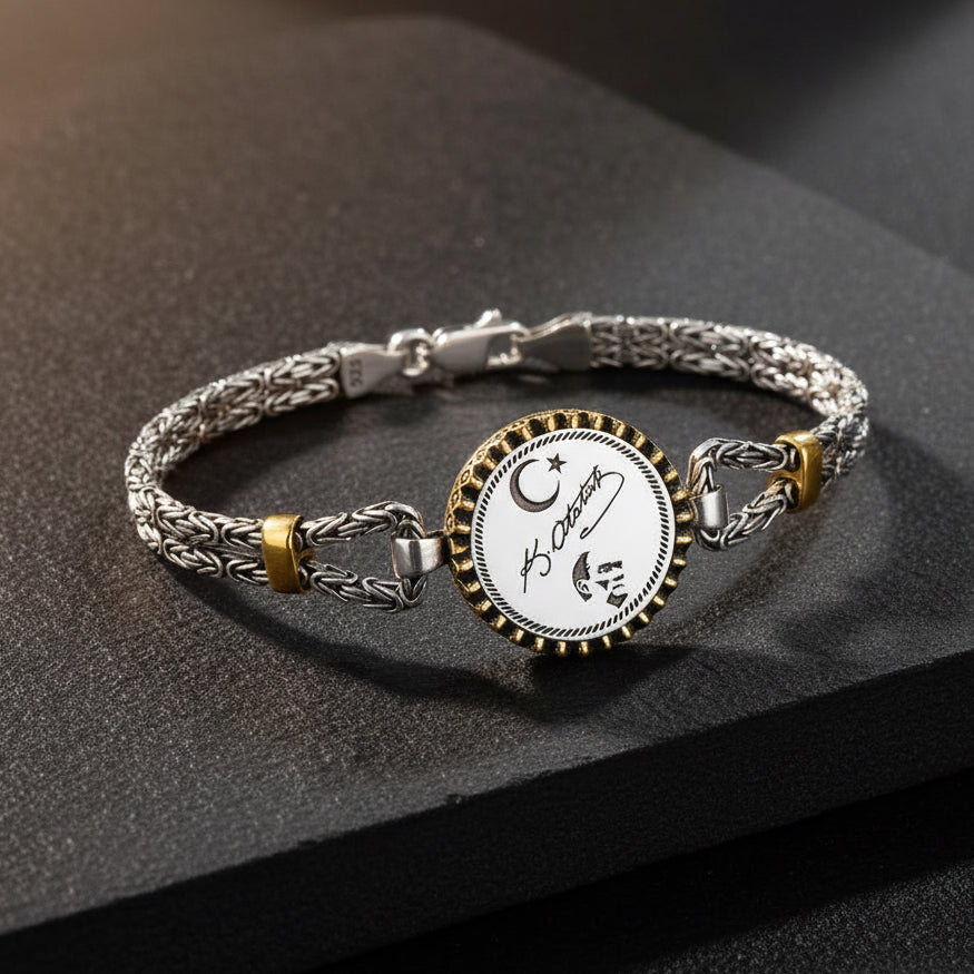 Kral Zincirli Kemal Atatürk imza Gümüş Bileklik