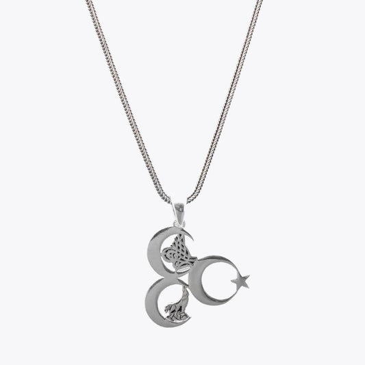Three crescent tuğra and bozkurt motif men's gumus necklace