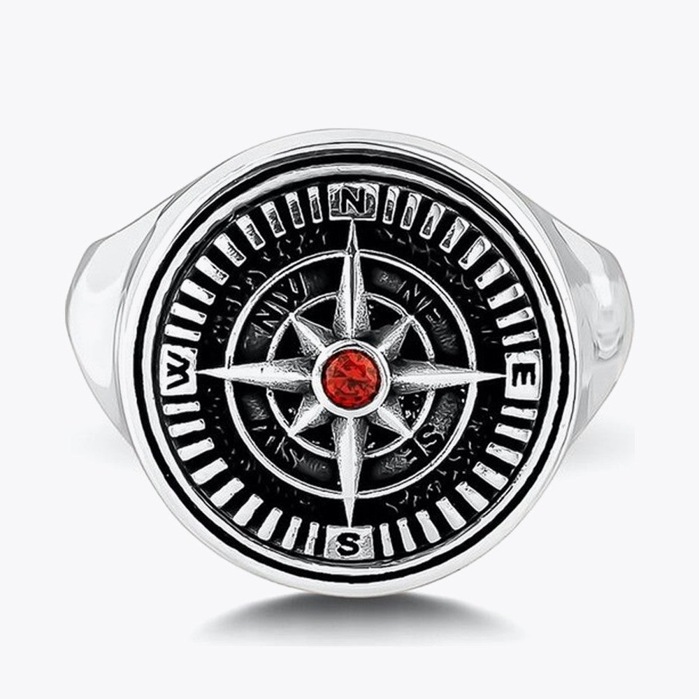 Mini Kırmızı Zirkon Taşlı Pusula Tasarım Erkek Gümüş Yüzük