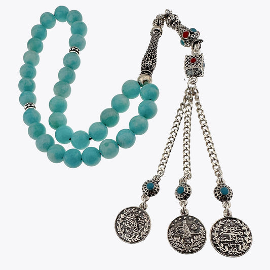 Natural Amazonite Stone Ottoman Mecidiye Tassel 925 Silver Rosary