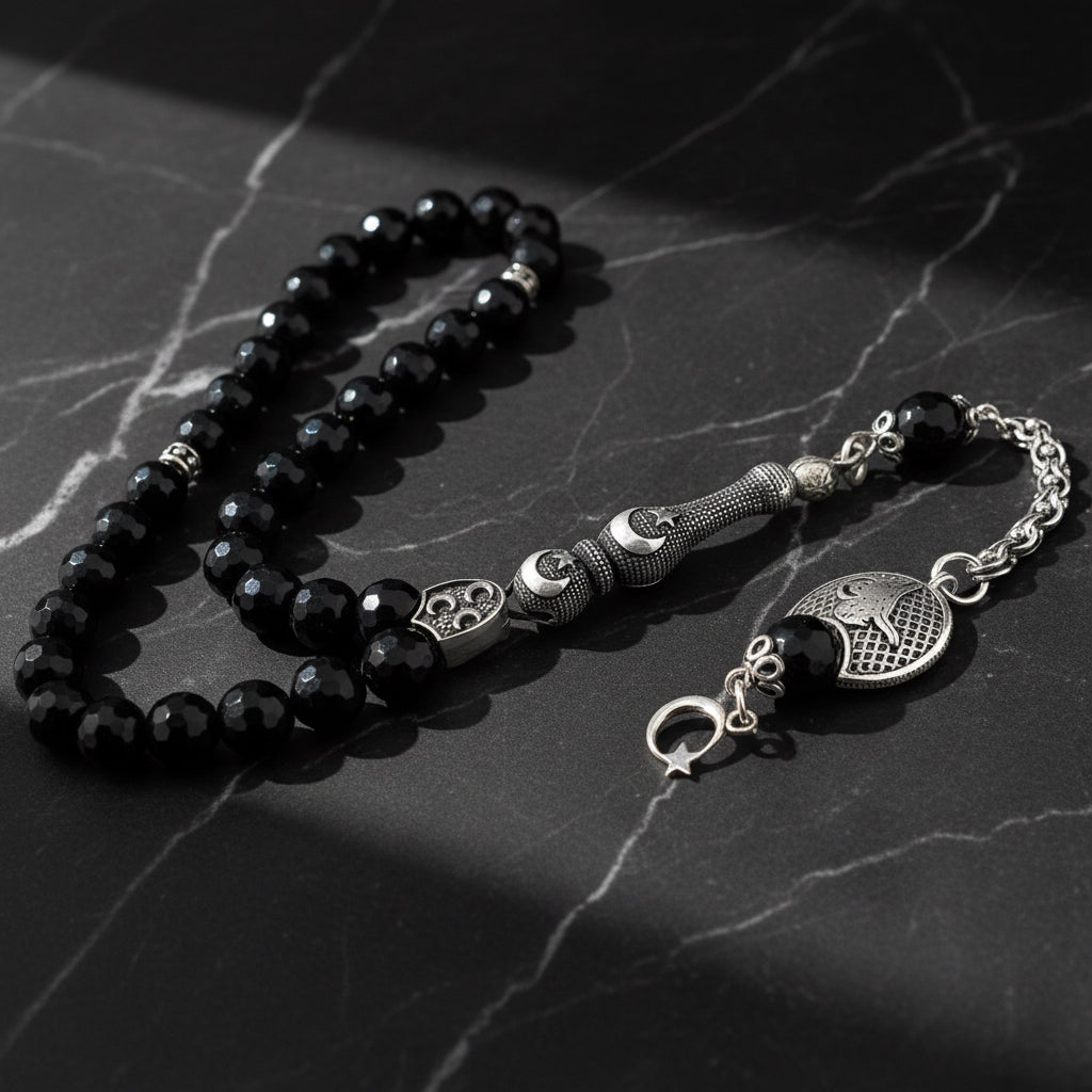 Ay Yıldız & Tuğra Fasetli Oniks Taşlı Gümüş Tesbih