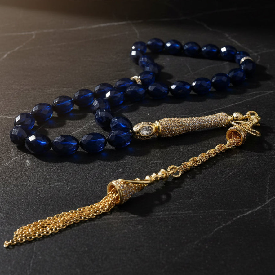 9mm x 7mm facade Original blue drop amber silver tassel tesbih