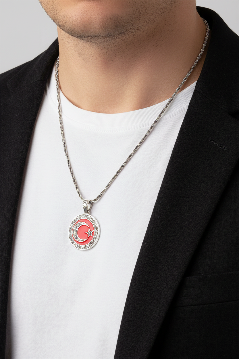 Büyük Boy Ay Yıldız Gümüş Kolye