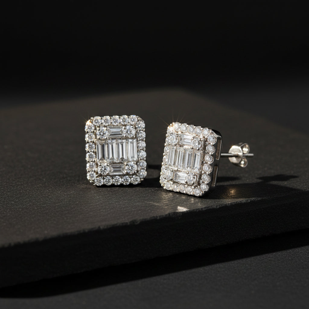 Diamond Style Baguette and Zircon Silver Earrings Set