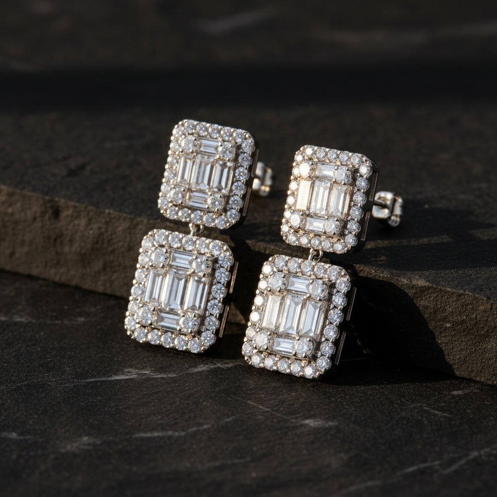Diamond Style Baguette and Zircon Silver Earrings Set