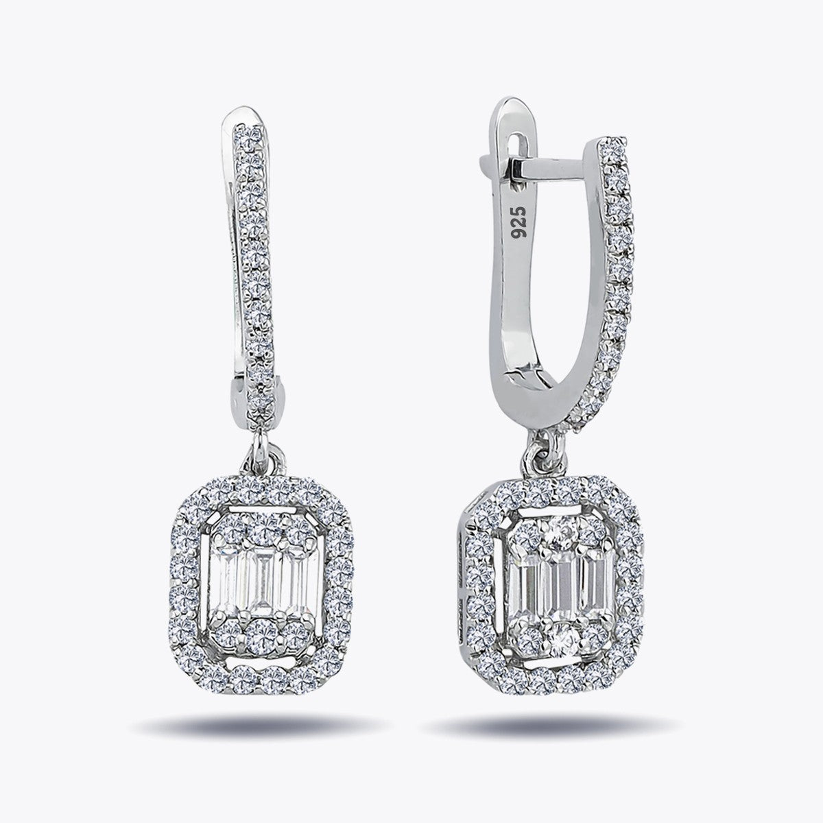 Diamond Style Baguette and Zircon Silver Earrings Set