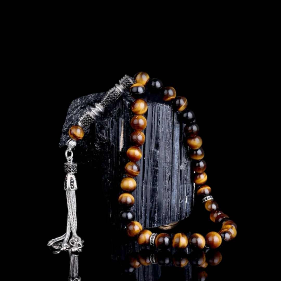 Zircon Stone Silver Tassel Tiger Kaplangözü Rosary - Wrist Boy