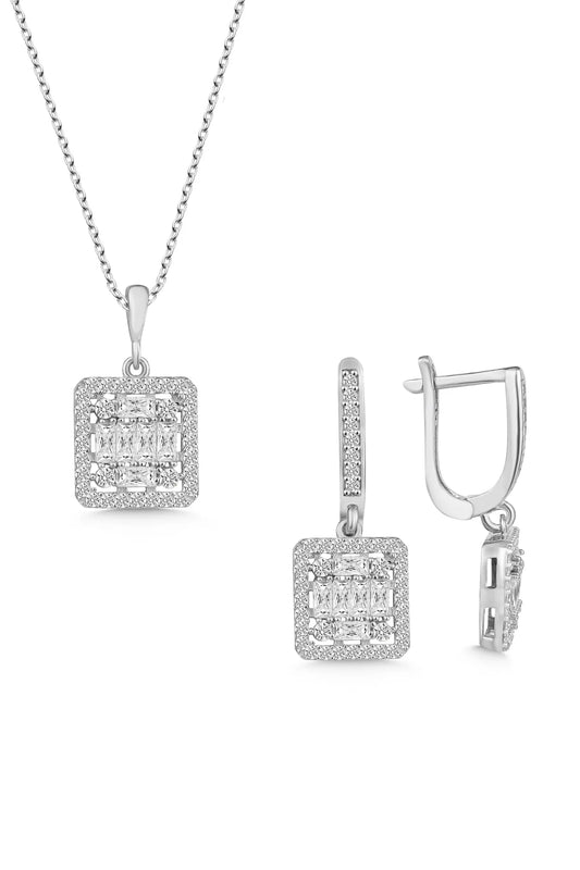 Baguette Glossy - 925 Sterling Silver Necklace and Earrings Set