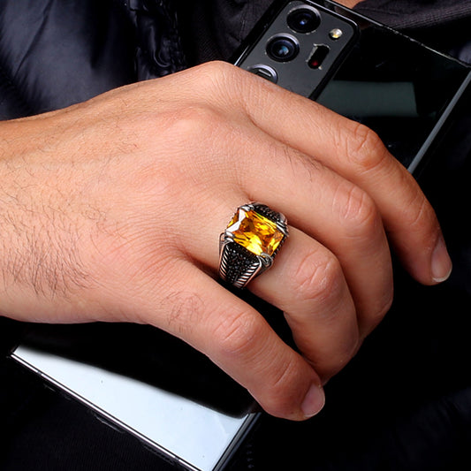 Yellow Zircon Stone Men's Silver Ring